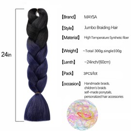 Black Blue Braiding Hair Extensions Pre stretched braiding hair 3 Packs 24inch Soft Synthetic Jumbo Braiding Crochet Hair for Girls #Black-Blue