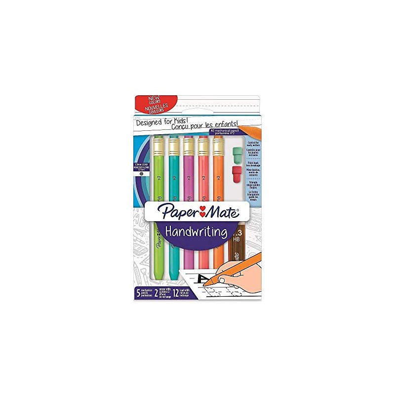 PaperMate Handwriting 5 Mechanical Pencils #2 1.3mm Lead 2 eraser