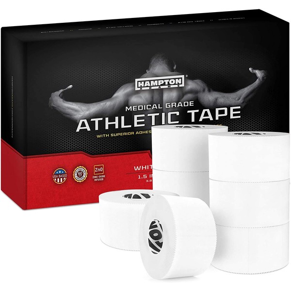 Hampton Adams (8 Pack - 45ft Rolls White Sports Medical Athletic Tape - No Sticky Residue & Easy Tear - for Athletes, Trainers & First Aid Injury Wrap: Fingers Ankles Wrist - 1.5 in x 15 Yards a Roll