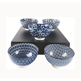 JapanBargain 4686, Japanese Porcelain Rice Bowls Gift Set, Traditional Japanese Inspired Pattern Miso Soup Bowls, Blue Color Salad, Set of 5, Made in Japan