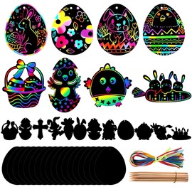 WHYCNJL Pack of 24 Easter Scratch Pictures Children, Craft Set Rainbow Paper Card for Children, Easter Egg Bunny, Chick Shape with Ribbons, Scratch Pen, Scratch Art for Easter Party, Decoration, DIY