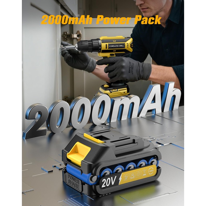 Cordless Drill, 20V MAX Power Drill Set with 2.0Ah Power