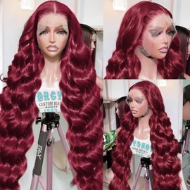 200% Density 32Inch 99j Burgundy Lace Front Wigs Human Hair 13x6 Body Wave Lace Front Wigs Human Hair Pre Plucked Glueless Red Wig Wine Red Lace Front Wigs Human Hair Wigs for Women