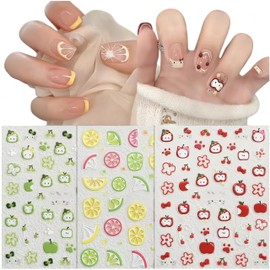 WBLDBB Nail Stickers, Set of 3, Green Apples, Cherries, Fruits, Lemon, 3D, Autumn and Winter, Nail Stickers, Popular, Japanese Style, Cute, Simple, Stylish, Coming-of-Age Ceremonies, School Entrance
