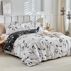 Lekesky White Double Duvet Cover Set Leaf Bedding Black Leaves Printed White Double Duvet Set (1x Quilt Cover, 2x Pillowcase) Microfiber Duvet Cover Double 200x200 cm, White Black