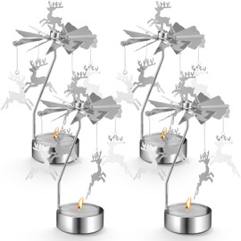 Layhit 4 Pcs Christmas Rotary Candle Holder Spinning Candleholder Metal Tea Light Holder Silver Rotating Candle Holder Candlestick Holders for Xmas Ornament Home Decor Gift (Reindeer Style)