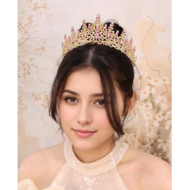 Yheahin Vintage Crystal Crown and Tiara for Women Bridal Wedding Rhinestone Tiara Princess Queen Crown Gothic Black Tiara Headpieces for Cosplay Costume Birthday Party (Gold-light pink)