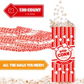 Poppy's Paper Popcorn Bags – 100 2 oz Concession-Grade Bags, Popcorn Machine Accessories for Popcorn Bars, Movie Nights, Concessions