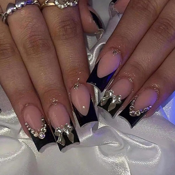Jremg Black French Press on Nails Medium Square Fake Nails