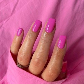 Hot Pink Press on Nails Short Medium Square Glue on Nails Set, Xcreando Neon Summer Square Fake Nails Short Coffin Nails Press ons Gel Nails Medium Length False Nails For Women 24 Pcs, Neon Pink