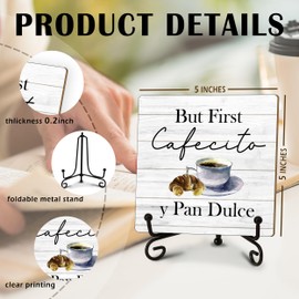 Wooden Coffee Bar Sign Decor - But First Cafecito Y Pan Dulce, Coffee Lover Gifts for Friends Coworker, Table Centerpieces Desk Decorations for Funny Office Home Kitchen Living Room - A26