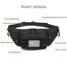 Tactical Fanny Pack Carry Pistol Pouch Handgun Holster Waist Gun Bag Tactical Waist Bag Molle EDC Pouch Fits 1911, Glock with Velcro U.S Flag Patch (Black)