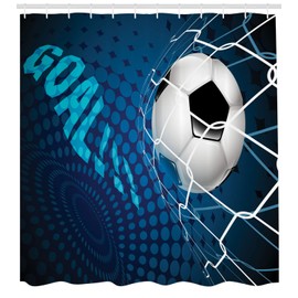 Ambesonne Soccer Shower Curtain, Goal Football Flying into Net Abstract Dots Pattern Background European Sport, Cloth Fabric Bathroom Decor Set with Hooks, 84" Long Extra, Blue Black
