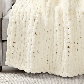 Lush Decor Hygge Ultra Soft Cozy Chenille Chunky Knit Blanket/Throw, 50" x 40", Ivory