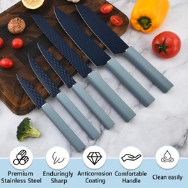 In-Drawer Knife Block Set, 12PCS Stainless Steel Chef Knife Set with Knife Drawer Organizer, Sharp Cooking Kitchen Knife Set with 6 Steak Knives for Kitchenette for Small Spaces Save Space (Blue)