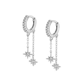 Double Star CZ Chain Dangle Drop Small Hoop Earrings for Women Cartilage Dainty Sterling Silver Post Cubic Zirconia Huggie Hoops Hypoallergenic Hooped Fashion Jewelry Gifts (Silvery)