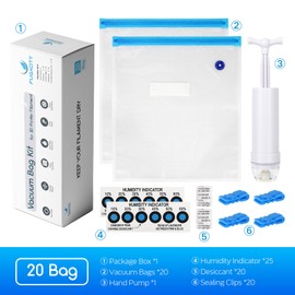 FugaCity 3D Printer Filament Storage Vacuum Bags Kit- 20Pack Reusable Vacuum Bags (PA+PE 13.8 ×15.7 in) with 20 Desiccants / 20 Humidity Cards /20 Clips/ 1 Hand Pump for Keep Filament Clean & Dry