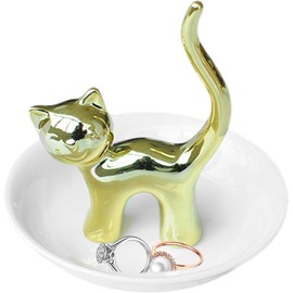 Taicols Cat Ring Clip Ceramic Ring Clip Cute Cat Jewelry Tray Ring Tray Jewelry Tray, Ceramic Jewelry Tray, Mother Ring Tray Fun Cat Theme Gift, Cat Lady, Cat Enthusiast, Friend, Birthday (Gold)