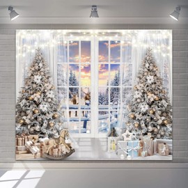 White Christmas Backdrop for Photoshoot 10x8ft Vinyl Winter Xmas Tree Gift Box Merry Christmas Photo Backdrop Snowy Forest Elk Sunrise Backdrop Xmas Holiday Party Decorations Background Banner Props