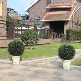 Real Touch Leaves Artificial Topiary Trees, 24" T with 17" W Faux Boxwood, Set of 2 UV Resistant Plants, Decorative Indoor Outdoor Trees with 6"x5" Pots for Home, Office, and Garden Decor