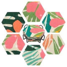 Temlum 6 Pcs Diamond Painting Coasters Kit with Holder, Flower Diamond Art Coasters Kits for Beginners, Adults Diamond Painting Art Craft Supplies