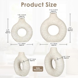 White Donut Vase with Stripes Texture, Modern Abstract Ceramic Vase for Flowers, Clay Pottery with Natural Speckles for Home Living Room Mantel Shelf & Office Table Decor, Boho Style & Set of 2
