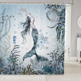 Feelyou Girls Mermaid Bathroom Shower Curtain Set 72"x72" Ocean Life Sea Animal Shower Curtain for Boys Girls Children Fish Scales Bath Curtain Pastel Waterproof Kids Bathroom Accessories Polyester
