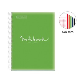 Miquelrius - A4 Notebook Emotions, 120 Sheets 90 g/m², 5 x 5 mm Squares, 5 Coloured Stripes, Microperforated Spiral, Polypropylene Cover, 4 Drills, Green