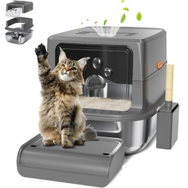 Stainless Steel Cat Litter Box with Lid, Enclosed Odor Free Litter Box for Big Cats with Carbon Filters, XL Extra Large Covered Litter Box with Removable Lid &Scoop, Non-Sticky, Anti-Urine Leakage
