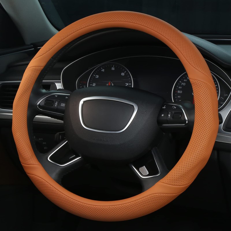 ALEMODR Cayenne Orange Leather Steering Wheel Cover Universal 15 inch