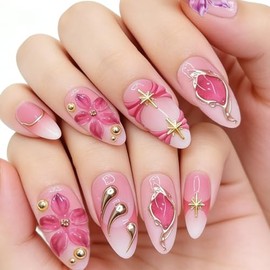 Uñas postizas cortas de acrílico con diseño de flores rosas y estrellas, forma almendrada, cobertura total, brillantes y reutilizables, 24 unidades, 1