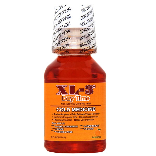 XL-3 Day Time, Non-Drowsy, Temporary Relieves Cold and Flu Symptoms, Orange Flavor, 6 FL Oz, Bottle.