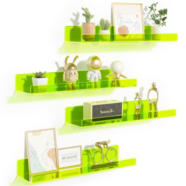 upsimples Fluorescent Green Clear Acrylic Shelves for Wall Storage, 15" Acrylic Floating Shelves Wall Mounted, Kids Bookshelf, Display Ledge Wall Shelves for Bedroom, Living Room, Bathroom, Set of 4