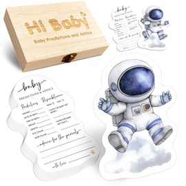 BHTPNG 50 Pcs Space Astronaut Baby Prediction Cards with Wooden Keepsake Box - Baby Shower Game for Gender Reveal, Parenting Advice & New Parents Wishes - A01