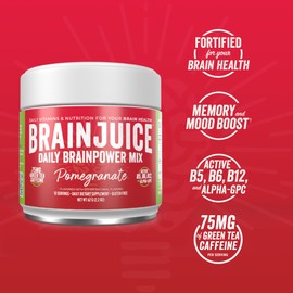 BrainJuice Nootropics Brain Support Supplement, Gluten Free Powder for Energy and Focus, Drink Mix with L Theanine, Alpha GPC, Vitamin B, Organic Green Tea Extract Caffeine, Pomegranate, 15 Servings