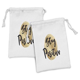 Ambesonne Positive Energy Fabric Pouch Set of 2, Ink Written Phrase on Circular Brushstroke, Small Drawstring Bag for Toiletries Masks and Favors, 9" x 6", Seal Brown Pastel Brown