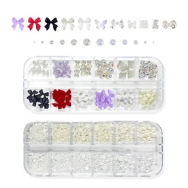 REMMUSSS Art Nail Charms, 2 Box 24 Grids Aurora Bear Flowers Pearl Bow Nail Art Charms, 3D Multi Shapes Nail Charms, Acrylic Nail Decorations, DIY Decoration for Women Manicure