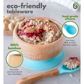 bamboo bamboo Baby Plate & Baby Bowl Set for Feeding and Weaning, Bamboo Elephant Plate, Toddler Bowl & Baby Spoon, Suction Plates for Babies from 6 Months (Blue)