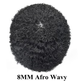 Afro Toupee For Balck Men Hair Replacement System Injected Poly Skin Black Men Hair Units Human Hair Toupee For African American Men Afro Wave 8X10 Inch Afro Wig For Black Men US Stock.(8mm-wave, #1B Off Black)
