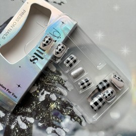 Christmas Press on Nails Short Square False Nails With Glitter Designs Black White Checkerboard Glue on Winter Stick on Full Cover Acrylic Glossy Artificial