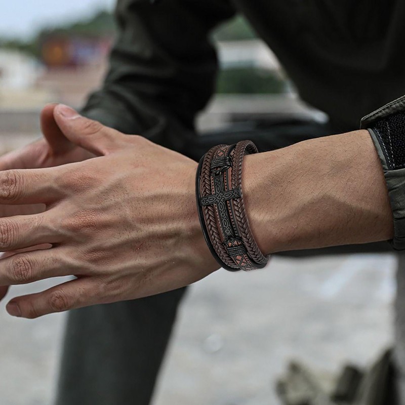Veshon Mens Cuff Cross Bracelet Multi-Layer Braided Leather Cross Bracelet