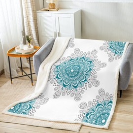Hippie Mandala Sherpa Blanket - Boho Floral Throw for Girls & Boys, Indian Medallion Fleece Blanket, Chic Aesthetic Plush, White & Teal