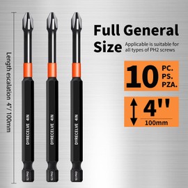 10-Pack Phillips Bits #2 Impact, 4-Inch Long Magnetic Phillips Head Drill & Screwdriver Bits, PH2 Premium S2 Steel 1/4" Hex Shank for Impact Drivers, Professional & DIY Use