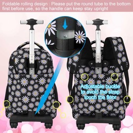 gxtvo Girls Rolling Backpack, Women Roller Bookbag with Lunch Box for Adults, Water Resistant Wheeled School Bag for College Teens Kids Travel - Black Flower