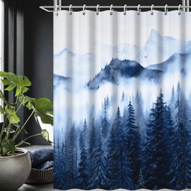Ruelvth Mountain Shower Curtain, Navy Blue Misty Forest Shower Curtain Set Waterproof Nature Scenery Bathroom Decor with Hooks, 72x72 Inch
