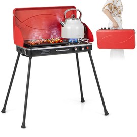 HAPPYGRILL 2-Burner Propane Camping Stove, Portable Gas Grill Cooker with Removable Leg Stand, Roast Grill, Dual Control Knobs, Wind Guards, Outdoor Grill Stove for Camping BBQ Picnic, Red