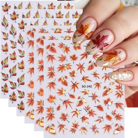 Fall Nail Stickers Laser Maple Leaf Nail Decals 6PCS Self Adhesive Pegatinas para Uñas Autumn Brown Yellow Leaves Design Nail Art Supplies DIY Manicure Supplies for Women Nail Decorations Charms