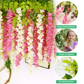 Pink and White Wisteria Hanging Flowers, 12 Pack 3.6 Ft Fake Wisteria Flowers Garland with Ring Hanging, Artificial Wisteria Flower Vine String for Wedding Party Backdrop Home Wall Decorations