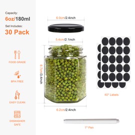 Betrome 6oz Hexagon Glass Jars, 30 Pack with Black Lids - 180ml Clear Glass Canning Jars for Honey, Spices, Jams, Shower Favors, Wedding Favors and Craft - Includes 1 Pen and Labels