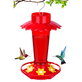 Fchstaer Hummingbird Feeders for Outdoors Hanging with Umbrella Cover, 10 OZ Plastic Humming Bird Feeder with Perch, Ant Moat & 6 Bee Proof Feeding Ports, Gifts for Women Garden Decor, Red, 1 Pack